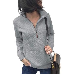 BTFBM Women Fashion Quilted Pattern Lightweight Zipper Long Sleeve Plain Casual Ladies Sweatshirts Pullovers Shirts Tops(Light Grey)