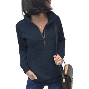 BTFBM Women Fashion Quilted Pattern Lightweight Zipper Long Sleeve Plain Casual Ladies Sweatshirts Pullovers Shirts Tops(Navy)