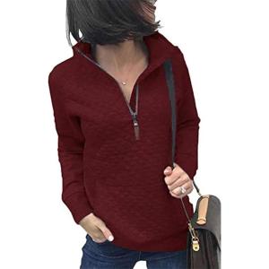 BTFBM Women Fashion Quilted Pattern Lightweight Zipper Long Sleeve Plain Casual Ladies Sweatshirts Pullovers Shirts Tops(Wine Red)