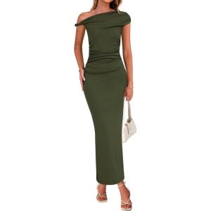BTFBM Women Formal Cocktail Dresses Spring 2026 One Shoulder Twist Strap Ruched Bodycon Elegant Wedding Party Maxi Dress(Army Green)