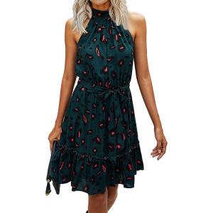 BTFBM Women Halter Neck Summer Dresses 2025 Spring Casual Sleeveless Floral Polka Dot Ruffle Mini Boho Beach Sun Dress(Dark Green/Black/Orange)