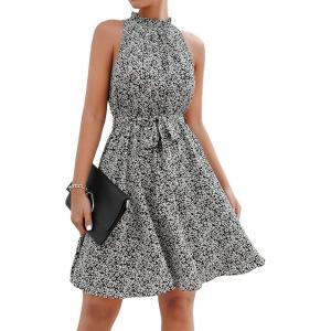 BTFBM Women Halter Neck Summer Dresses 2025 Spring Casual Sleeveless Floral Polka Dot Ruffle Mini Boho Beach Sun Dress(Floral Print Black)
