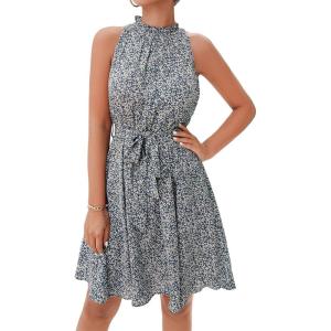 BTFBM Women Halter Neck Summer Dresses 2025 Spring Casual Sleeveless Floral Polka Dot Ruffle Mini Boho Beach Sun Dress(Floral Print Blue)