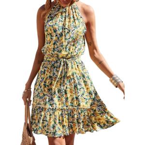 BTFBM Women Halter Neck Summer Dresses 2025 Spring Casual Sleeveless Floral Polka Dot Ruffle Mini Boho Beach Sun Dress(Floral Yellow)