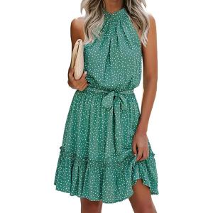 BTFBM Women Halter Neck Summer Dresses 2025 Spring Casual Sleeveless Floral Polka Dot Ruffle Mini Boho Beach Sun Dress(Polka Dot Green)
