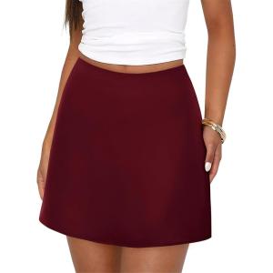 BTFBM Women Mini Skirts 2026 Spring Trendy Silk Satin Short Skirt High Waisted A-Line Club Party Going Out Summer Skirts(Wine Red)