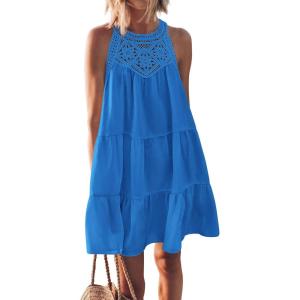 BTFBM Women Summer Dresses 2026 Casual Spring Clothes Sleeveless Halter Neck A-Line Boho Mini Dress Beach Vacation Sundress(Blue)