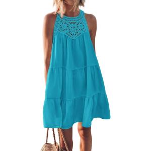 BTFBM Women Summer Dresses 2026 Casual Spring Clothes Sleeveless Halter Neck A-Line Boho Mini Dress Beach Vacation Sundress(Bright Lake Blue)