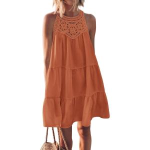 BTFBM Women Summer Dresses 2026 Casual Spring Clothes Sleeveless Halter Neck A-Line Boho Mini Dress Beach Vacation Sundress(Brown Orange)