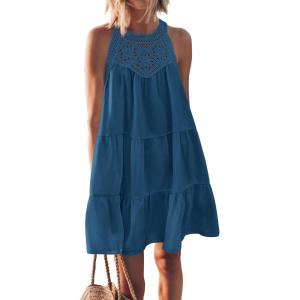BTFBM Women Summer Dresses 2026 Casual Spring Clothes Sleeveless Halter Neck A-Line Boho Mini Dress Beach Vacation Sundress(Lake Blue)