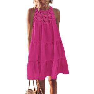 BTFBM Women Summer Dresses 2026 Casual Spring Clothes Sleeveless Halter Neck A-Line Boho Mini Dress Beach Vacation Sundress(Rose Red)