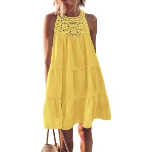BTFBM Women Summer Dresses 2026 Casual Spring Clothes Sleeveless Halter Neck A-Line Boho Mini Dress Beach Vacation Sundress(Yellow)