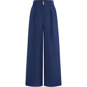 BTFBM Women Wide Leg Dress Pants 2026 High Waisted Button Pleated Business Casual Trousers Office Work Palazzo Pants(Dark Blue)