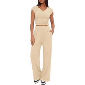 BTFBM Womens 2 Piece Outfits Spring 2026 V Neck Cap Sleeve Ruched Top Wide Leg Pants Sets Rib Knit Lounge Matching Set(Apricot)