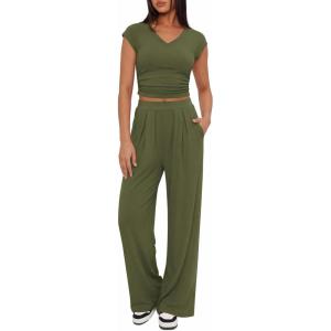 BTFBM Womens 2 Piece Outfits Spring 2026 V Neck Cap Sleeve Ruched Top Wide Leg Pants Sets Rib Knit Lounge Matching Set(Army Green)