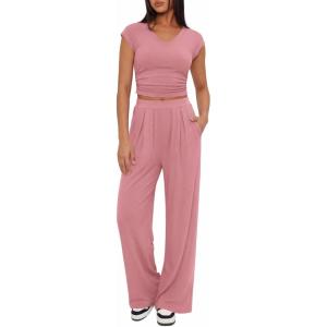 BTFBM Womens 2 Piece Outfits Spring 2026 V Neck Cap Sleeve Ruched Top Wide Leg Pants Sets Rib Knit Lounge Matching Set(Dusty Pink)