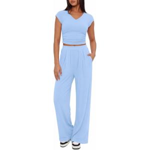 BTFBM Womens 2 Piece Outfits Spring 2026 V Neck Cap Sleeve Ruched Top Wide Leg Pants Sets Rib Knit Lounge Matching Set(Light Blue)