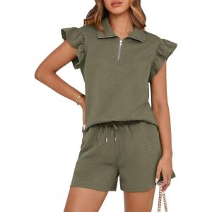BTFBM Womens 2 Piece Outfits Spring Sweatsuit Zipper V Neck Casual Ruffle Cap Sleeve Tops Drawstring Shorts Lounge Sets(Army Green)