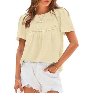 BTFBM Women’s 2025 Summer Tops Swiss Dot Lace Crochet Crewneck Short Sleeve Casual Cute Shirts Boho Blouses(Apricot)