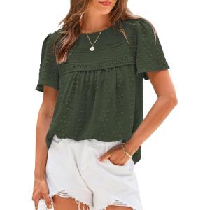 BTFBM Women’s 2025 Summer Tops Swiss Dot Lace Crochet Crewneck Short Sleeve Casual Cute Shirts Boho Blouses(Army Green)