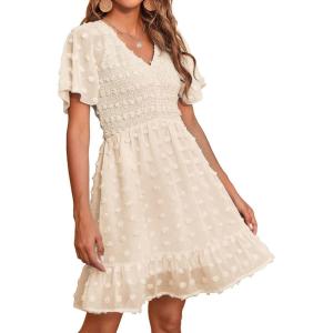 BTFBM Womens Beach Vacation Dress Summer 2026 V Neck Short Sleeve Smocked Swiss Dot Ruffle Casual Spring Mini Dresses(Apricot)