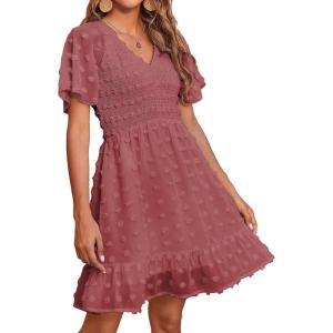 BTFBM Womens Beach Vacation Dress Summer 2026 V Neck Short Sleeve Smocked Swiss Dot Ruffle Casual Spring Mini Dresses(Bean Paste Red)