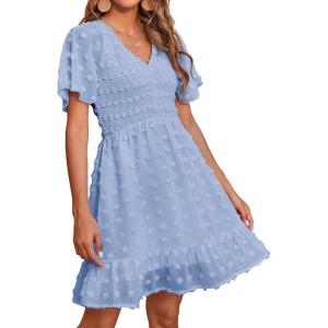 BTFBM Womens Beach Vacation Dress Summer 2026 V Neck Short Sleeve Smocked Swiss Dot Ruffle Casual Spring Mini Dresses(Blue)