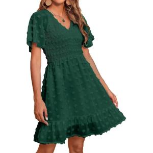 BTFBM Womens Beach Vacation Dress Summer 2026 V Neck Short Sleeve Smocked Swiss Dot Ruffle Casual Spring Mini Dresses(Dark Green)