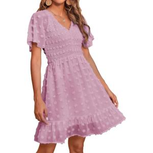 BTFBM Womens Beach Vacation Dress Summer 2026 V Neck Short Sleeve Smocked Swiss Dot Ruffle Casual Spring Mini Dresses(Dusty Pink)