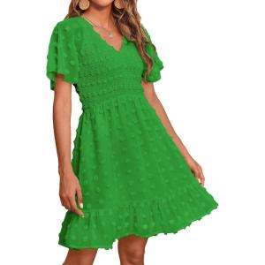 BTFBM Womens Beach Vacation Dress Summer 2026 V Neck Short Sleeve Smocked Swiss Dot Ruffle Casual Spring Mini Dresses(Green)