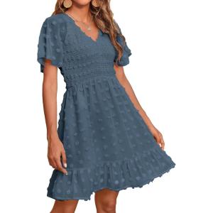 BTFBM Womens Beach Vacation Dress Summer 2026 V Neck Short Sleeve Smocked Swiss Dot Ruffle Casual Spring Mini Dresses(Grey Blue)