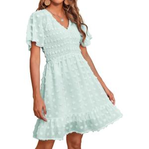 BTFBM Womens Beach Vacation Dress Summer 2026 V Neck Short Sleeve Smocked Swiss Dot Ruffle Casual Spring Mini Dresses(Light Green)