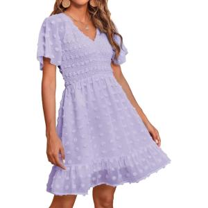 BTFBM Womens Beach Vacation Dress Summer 2026 V Neck Short Sleeve Smocked Swiss Dot Ruffle Casual Spring Mini Dresses(Light Purple)