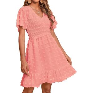 BTFBM Womens Beach Vacation Dress Summer 2026 V Neck Short Sleeve Smocked Swiss Dot Ruffle Casual Spring Mini Dresses(Orange Pink)
