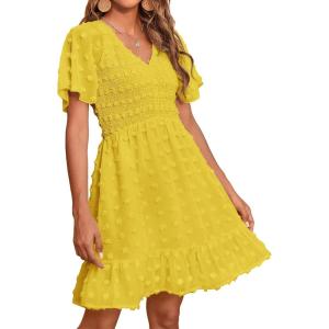 BTFBM Womens Beach Vacation Dress Summer 2026 V Neck Short Sleeve Smocked Swiss Dot Ruffle Casual Spring Mini Dresses(Yellow)