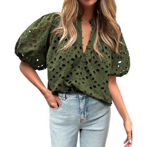 BTFBM Womens Blouses Summer Hollow Out Eyelet Embroidery Tops V Neck Buttons Puff Sleeve Boho Shirts Spring Fashion 2026(Army Green)