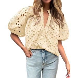 BTFBM Womens Blouses Summer Hollow Out Eyelet Embroidery Tops V Neck Buttons Puff Sleeve Boho Shirts Spring Fashion 2026(Beige)