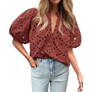 BTFBM Womens Blouses Summer Hollow Out Eyelet Embroidery Tops V Neck Buttons Puff Sleeve Boho Shirts Spring Fashion 2026(Brown Red)