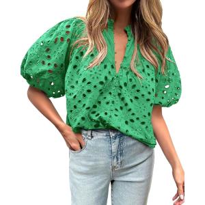 BTFBM Womens Blouses Summer Hollow Out Eyelet Embroidery Tops V Neck Buttons Puff Sleeve Boho Shirts Spring Fashion 2026(Green)
