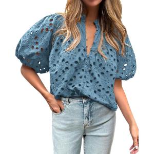 BTFBM Womens Blouses Summer Hollow Out Eyelet Embroidery Tops V Neck Buttons Puff Sleeve Boho Shirts Spring Fashion 2026(Grey Blue)
