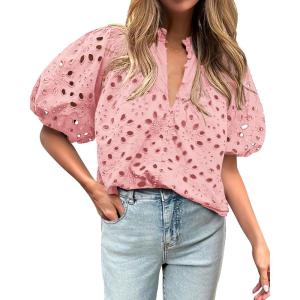 BTFBM Womens Blouses Summer Hollow Out Eyelet Embroidery Tops V Neck Buttons Puff Sleeve Boho Shirts Spring Fashion 2026(Pink)
