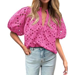 BTFBM Womens Blouses Summer Hollow Out Eyelet Embroidery Tops V Neck Buttons Puff Sleeve Boho Shirts Spring Fashion 2026(Rose Pink)