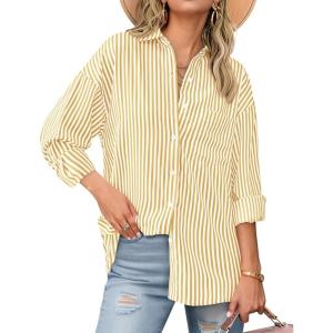 BTFBM Womens Button Down Shirts Striped Shirt Long Sleeve Casual Collared Office Work Loose Fit Blouses Tops Pocket(Orange)
