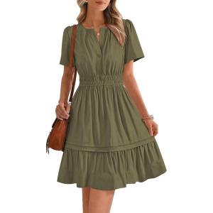 BTFBM Women’s Casual Dresses 2026 Summer Spring V Neck Short Sleeve Sundress Smocked Waist A Line Tiered Mini Dress(Army Green)