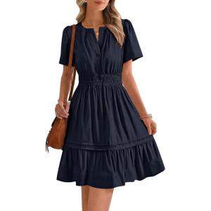 BTFBM Women’s Casual Dresses 2026 Summer Spring V Neck Short Sleeve Sundress Smocked Waist A Line Tiered Mini Dress(Navy)