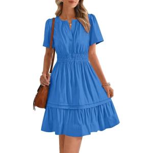 BTFBM Women’s Casual Dresses 2026 Summer Spring V Neck Short Sleeve Sundress Smocked Waist A Line Tiered Mini Dress(Royal Blue)