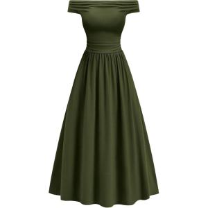 BTFBM Women’s Casual Dresses Spring 2026 Sleeveless Off The Shoulder Dress Slim Swing Pleated Beach Maxi Sundress Pocket(Army Green)