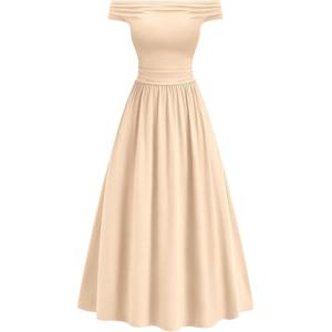 BTFBM Women’s Casual Dresses Spring 2026 Sleeveless Off The Shoulder Dress Slim Swing Pleated Beach Maxi Sundress Pocket(Beige)