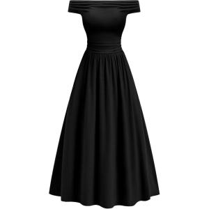 BTFBM Women’s Casual Dresses Spring 2026 Sleeveless Off The Shoulder Dress Slim Swing Pleated Beach Maxi Sundress Pocket(Black)