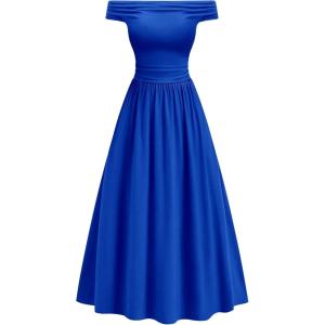 BTFBM Women’s Casual Dresses Spring 2026 Sleeveless Off The Shoulder Dress Slim Swing Pleated Beach Maxi Sundress Pocket(Blue)